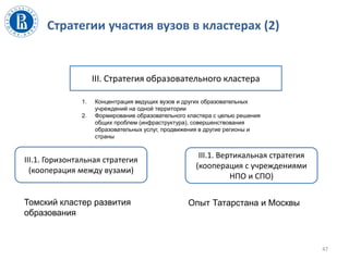Стратегии участия вузов в кластерах (2)
III. Стратегия образовательного кластера
1. Концентрация ведущих вузов и других образовательных
учреждений на одной территории
2. Формирование образовательного кластера с целью решения
общих проблем (инфраструктура), совершенствования
образовательных услуг, продвижения в другие регионы и
страны
III.1. Горизонтальная стратегия
(кооперация между вузами)
III.1. Вертикальная стратегия
(кооперация с учреждениями
НПО и СПО)
Томский кластер развития
образования
Опыт Татарстана и Москвы
47
 