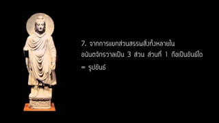 7. จากการแยกส่วนสรรพสิ่งทั้งหลายใน
อนันตจักรวาลเป็น 3 ส่วน ส่วนที่ 1 ถือเป็นขันธ์ใด
= รูปขันธ์
 