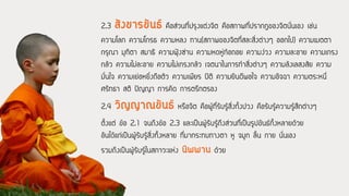 2.4 วิญญาณขันธ์ หรือจิต คือผู้ที่รับรู้สิ่งทั้งปวง คือรับรู้ความรู้สึกต่างๆ
2.3 สังขารขันธ์ คือส่วนที่ปรุงแต่งจิต คือสภาพที่ปรากฎของจิตนั่นเอง เช่น
ความโลภ ความโกรธ ความหลง ทาน(สภาพของจิตที่สละสิ่งต่างๆ ออกไป) ความเมตตา
กรุณา มุทิตา สมาธิ ความฟุ้งซ่าน ความหดหู่ท้อถอย ความง่วง ความละอาย ความเกรง
กลัว ความไม่ละอาย ความไม่เกรงกลัว เจตนาในการท้าสิ่งต่างๆ ความลังเลสงสัย ความ
มั่นใจ ความเย่อหยิ่งถือตัว ความเพียร ปิติ ความยินดีพอใจ ความอิจฉา ความตระหนี่
ศรัทธา สติ ปัญญา การคิด การตรึกตรอง
ตั้งแต่ ข้อ 2.1 จนถึงข้อ 2.3 และเป็นผู้รับรู้ถึงส่วนที่เป็นรูปขันธ์ทั้งหลายด้วย
อันได้แก่เป็นผู้รับรู้สิ่งทั้งหลาย ที่มากระทบทางตา หู จมูก ลิ้น กาย นั่นเอง
รวมถึงเป็นผู้รับรู้ในสภาวะแห่ง นิพพาน ด้วย
 