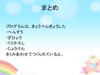 まとめ
プログラムは、きょうべんきょうした
・へんすう
・ざひょう
・くりかえし
・じょうけん
をくみあわせてつくられているよ。
 