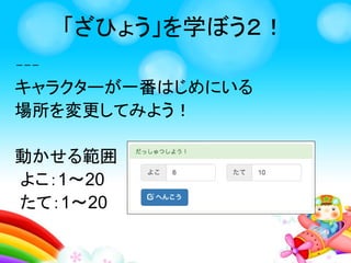 ざひょうを学ぼう！
トップ画面
「ざひょうを
数で見てみう！」
をクリック
 