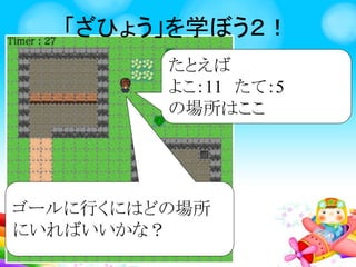 ざひょうを学ぼう！
くまさんをうごかして、
りんごをあつめよう！
くまはクリックしている
あいだいどうするよ
 