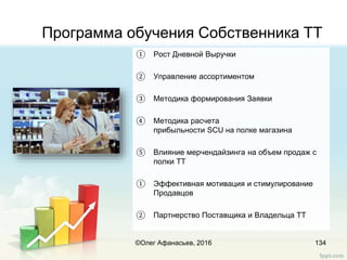 Программа обучения Собственника ТТ
① Рост Дневной Выручки
② Управление ассортиментом
③ Методика формирования Заявки
④ Методика расчета
прибыльности SCU на полке магазина
⑤ Влияние мерчендайзинга на объем продаж с
полки ТТ
① Эффективная мотивация и стимулирование
Продавцов
② Партнерство Поставщика и Владельца ТТ
134©Олег Афанасьев, 2016
 