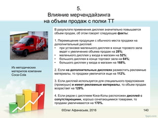 5.
Влияние мерчендайзинга
на объем продаж с полки ТТ
140
Из методических
материлов компании
Coca-Cola
В разультате применения дисплея значительно повышается
объем продаж, об этом говорят следующие факты:
1. Перемещение продукции с обычного места продажи на
дополнительный дисплей:
• при установке маленького дисплея в конце торового зала
ведет к увеличению объема продаж на 28%;
• маленького дисплея у входа в магазин на 52%;
• большого дисплея в конце торговог зала на 64%;
• большого дисплея у входа в магазин на 168%.
2. Если на дополнительных дисплеях разместить рекламные
материалы, то продажи увеличатся еще на 112%.
3. Если дисплей используется для специального предложения
(промоушн) и имеет рекламные материалы, то объем продаж
возрастает на 129%.
4. Если рядом с дисплеем Кока-Колы расположен дисплей с
сопутствующими, хорошо сочетающимися товарами, то
продажи увеличиваются на 170%.
©Олег Афанасьев, 2016
 