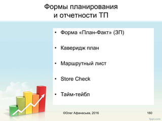 Формы планирования
и отчетности ТП
160
• Форма «План-Факт» (ЗП)
• Каверидж план
• Маршрутный лист
• Store Check
• Тайм-тейбл
©Олег Афанасьев, 2016
 