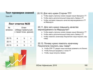 Тест проверки знаний 20.10. Для чего нужен Сторчек ТП?
a. Чтобы видеть причины низких продаж наших брендов в ТТ
b. Чтобы иметь дополнительный повод взять Заявку в ТТ
c. Чтобы системно повышать качество мерчендайзинга в ТТ
на Маршруте
20.11. Для чего нужно повышать качество
мерчендайзинга на Маршрутах?
a. Чтобы видеть причины низких продаж наших брендов в ТТ
b. Чтобы иметь дополнительный повод взять Заявку в ТТ
c. Чтобы помогать конечному Покупателю чаще покупать наш
товар
20.12. Почему нужно помогать конечному
Покупателю покупать наш товар?
a. Чтобы ЛПР ТТ увидел наше желание развивать его бизнес
b. Чтобы больше продавать с полки ТТ
c. Чтобы чаще получать Заявки
Урок 20
180
Лист ответов №20
№
вопроса
Ответ
(обведи правильный,
с твоей точки, зрения)
20.10. a b c
20.11. a b c
20.12. a b c
©Олег Афанасьев, 2016
 