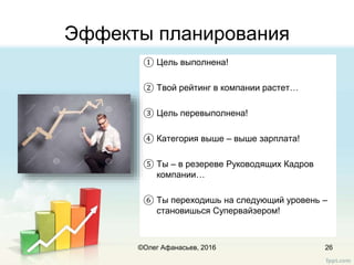 Эффекты планирования
① Цель выполнена!
② Твой рейтинг в компании растет…
③ Цель перевыполнена!
④ Категория выше – выше зарплата!
⑤ Ты – в резереве Руководящих Кадров
компании…
⑥ Ты переходишь на следующий уровень –
становишься Супервайзером!
26©Олег Афанасьев, 2016
 