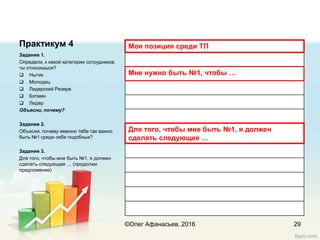 Практикум 4 Моя позиция среди ТП
Мне нужно быть №1, чтобы …
Для того, чтобы мне быть №1, я должен
сделать следующее …
Задание 1.
Определи, к какой категории сотрудников
ты относишься?
 Нытик
 Молодец
 Лидерский Резерв
 Бэтмен
 Лидер
Объясни, почему?
Задание 2.
Объясни, почему именно тебе так важно
быть №1 среди себе подобных?
Задание 3.
Для того, чтобы мне быть №1, я должен
сделать следующее … (продолжи
предложение)
29©Олег Афанасьев, 2016
 