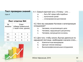 Тест проверки знаний 4.1. Самый короткий путь к Успеху – это …
a. … быть №1 среди себе подобных
b. … выполнение целей
c. … спланированное достижение
4.2. Кого мы называем Нытиком к категоризации
сотрудников?
a. Человека, не выпоняющего цели
b. Человека, нарушающего дисциплину
c. Человека, жалующегося на жизнь
4.3. Для того, чтобы начать быстро двигаться по
карьерной лестнице, необходимо сначала стать…
a. Компетентным менеджером
b. Ценным членом команды
c. Высокопрофессиональным сотрудником
Урок 4
30
Лист ответов №4
№
вопроса
Ответ
(обведи правильный,
с твоей точки, зрения)
4.1. a b c
4.2. a b c
4.3. a b c
©Олег Афанасьев, 2016
 