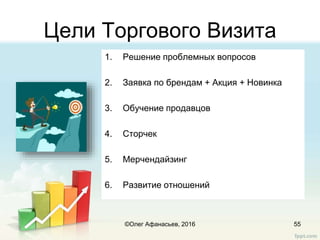 Цели Торгового Визита
1. Решение проблемных вопросов
2. Заявка по брендам + Акция + Новинка
3. Обучение продавцов
4. Сторчек
5. Мерчендайзинг
6. Развитие отношений
55©Олег Афанасьев, 2016
 