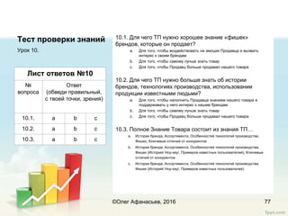 Тест проверки знаний
Урок 10.
77
Лист ответов №10
№
вопроса
Ответ
(обведи правильный,
с твоей точки, зрения)
10.1. a b c
10.2. a b c
10.3. a b c
10.1. Для чего ТП нужно хорошее знание «фишек»
брендов, которые он продает?
a. Для того, чтобы воздействовать на эмоции Продавца и вызвать
интерес к своим брендам
b. Для того, чтобы самому лучше знать товар
c. Для того, чтобы Продавц больше продавал нашего товара
10.2. Для чего ТП нужно больше знать об истории
брендов, технологиях производства, использовании
продукции известными людьми?
a. Для того, чтобы наполнить Продавца знанием нашего товара и
поддерживать у него интерес к нашим брендам
b. Для того, чтобы самому лучше знать товар
c. Для того, чтобы Продавц больше продавал нашего товара
10.3. Полное Знание Товара состоит из знания ТП…
a. Истории бренда, Ассортимента, Особенностей технологий производства,
Фишек, Ключевые отличий от конкурентов
b. Истории бренда, Ассортимента, Особенностей технологий производства,
Фишек (Историй/ Ноу-хау/, Примеров известных пользователей), Ключевые
отличий от конкурентов
c. Истории бренда, Ассортимента, Особенностей технологий производства,
Фишек (Историй/ Ноу-хау/, Примеров известных пользователей)
©Олег Афанасьев, 2016
 