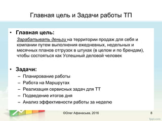 Главная цель и Задачи работы ТП
• Главная цель:
Зарабатывать деньги на территории продаж для себя и
компании путем выполнения ежедневных, недельных и
месячных планов отгрузок в штуках (в целом и по брендам),
чтобы состояться как Успешный деловой человек
• Задачи:
– Планирование работы
– Работа на Маршрутах
– Реализация сервисных задач для ТТ
– Подведение итогов дня
– Анализ эффективности работы за неделю
8©Олег Афанасьев, 2016
 