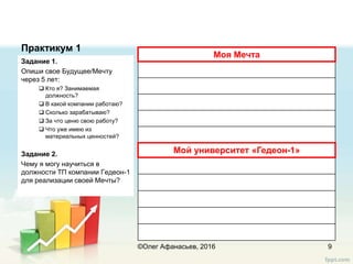 Практикум 1
Моя Мечта
Мой университет «Гедеон-1»
Задание 1.
Опиши свое Будущее/Мечту
через 5 лет:
 Кто я? Занимаемая
должность?
 В какой компании работаю?
 Сколько зарабатываю?
 За что ценю свою работу?
 Что уже имею из
материальных ценностей?
Задание 2.
Чему я могу научиться в
должности ТП компании Гедеон-1
для реализации своей Мечты?
9©Олег Афанасьев, 2016
 
