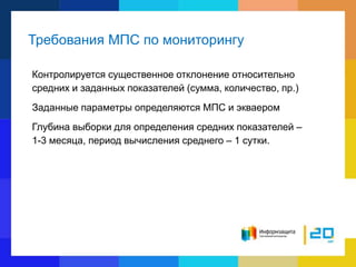 Требования МПС по мониторингу
Контролируется существенное отклонение относительно
средних и заданных показателей (сумма, количество, пр.)
Заданные параметры определяются МПС и экваером
Глубина выборки для определения средних показателей –
1-3 месяца, период вычисления среднего – 1 сутки.
 
