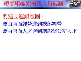 總部組織架構及人員編制
要建立連鎖版圖 ~
要由店面經營進到總部經營
要由店面人才進到總部辦公室人才
 
