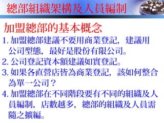 總部組織架構及人員編制
加盟總部的基本概念
1. 加盟總部建議不要用商業登記，建議用
公司型態，最好是股份有限公司。
2. 公司登記資本額建議如實登記。
3. 如果各直營店皆為商業登記，該如何整合
為單一公司？
4. 加盟總部在不同階段要有不同的組織及人
員編制，店數越多，總部的組織及人員需
隨之擴編。
 