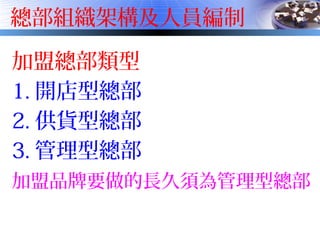 總部組織架構及人員編制
加盟總部類型
1. 開店型總部
2. 供貨型總部
3. 管理型總部
加盟品牌要做的長久須為管理型總部
 