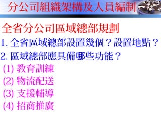 分公司組織架構及人員編制
全省分公司區域總部規劃
1. 全省區域總部設置幾個？設置地點？
2. 區域總部應具備 些功能？哪
(1) 教育訓練
(2) 物流配送
(3) 支援輔導
(4) 招商推廣
 