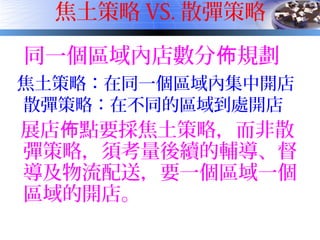 焦土策略 VS. 散彈策略
同一個區域內店數分 規劃佈
焦土策略：在同一個區域內集中開店
散彈策略：在不同的區域到處開店
展店 點要採焦土策略，而非散佈
彈策略，須考量後續的輔導、督
導及物流配送，要一個區域一個
區域的開店。
 