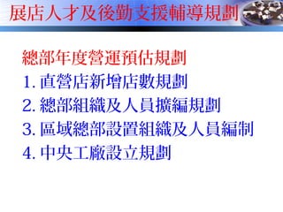 展店人才及後勤支援輔導規劃
總部年度營運預估規劃
1. 直營店新增店數規劃
2. 總部組織及人員擴編規劃
3. 區域總部設置組織及人員編制
4. 中央工廠設立規劃
 