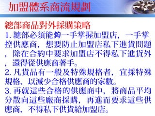 加盟體系商流規劃
總部商品對外採購策略
1. 總部必須能 一手掌握加盟店，一手掌夠
控供應商，想要防止加盟店私下進貨問題
，除在合約中要求加盟店不得私下進貨外
，還得從供應商著手。
2. 凡貨品有一般及特殊規格者，宜採特殊
規格，以減少合格供應商的家數。
3. 再就這些合格的供應商中，將商品平均
分散向這些廠商採購，再進而要求這些供
應商，不得私下供貨給加盟店。
 