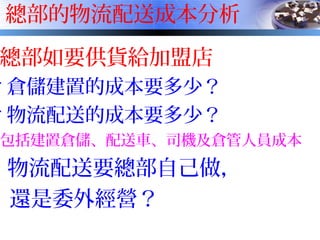 總部的物流配送成本分析
總部如要供貨給加盟店
˙ 倉儲建置的成本要多少？
˙ 物流配送的成本要多少？
包括建置倉儲、配送車、司機及倉管人員成本
˙ 物流配送要總部自己做，
還是委外經營？
 