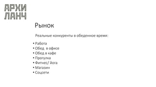 Рынок
Реальные конкуренты в обеденное время:
• Работа
• Обед в офисе
• Обед в кафе
• Прогулка
• Фитнес/ йога
• Магазин
• Соцсети
 