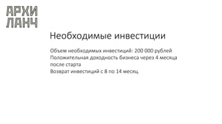 Необходимые инвестиции
Объем необходимых инвестиций: 200 000 рублей
Положительная доходность бизнеса через 4 месяца
после старта
Возврат инвестиций с 8 по 14 месяц.
 