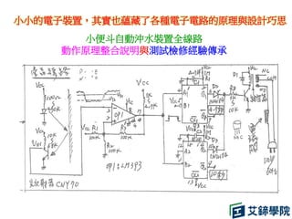 小便斗自動沖水裝置全線路
動作原理整合說明與測試檢修經驗傳承
小小的電子裝置，其實也蘊藏了各種電子電路的原理與設計巧思
 