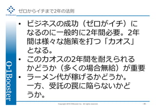 Copyright 2015 01Booster Inc. All rights reserved. - 49 -
•  ビジネスの成功（ゼロがイチ）に
なるのに⼀般的に2年間必要。2年
間は様々な施策を打つ「カオス」
となる。
•  このカオスの2年間を耐えられる
かどうか（多くの場合無給）が重要
•  ラーメン代が稼げるかどうか。
⼀⽅、受託の罠に陥らないかど
うか。
ゼロからイチまで2年の法則
 