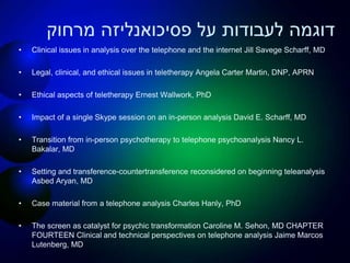 ‫מרחוק‬ ‫פסיכואנליזה‬ ‫על‬ ‫לעבודות‬ ‫דוגמה‬
• Clinical issues in analysis over the telephone and the internet Jill Savege Scharff, MD
• Legal, clinical, and ethical issues in teletherapy Angela Carter Martin, DNP, APRN
• Ethical aspects of teletherapy Ernest Wallwork, PhD
• Impact of a single Skype session on an in-person analysis David E. Scharff, MD
• Transition from in-person psychotherapy to telephone psychoanalysis Nancy L.
Bakalar, MD
• Setting and transference-countertransference reconsidered on beginning teleanalysis
Asbed Aryan, MD
• Case material from a telephone analysis Charles Hanly, PhD
• The screen as catalyst for psychic transformation Caroline M. Sehon, MD CHAPTER
FOURTEEN Clinical and technical perspectives on telephone analysis Jaime Marcos
Lutenberg, MD
 