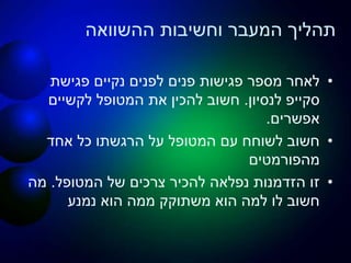 ‫ההשוואה‬ ‫וחשיבות‬ ‫המעבר‬ ‫תהליך‬
•‫פגישת‬ ‫נקיים‬ ‫לפנים‬ ‫פנים‬ ‫פגישות‬ ‫מספר‬ ‫לאחר‬
‫סקייפ‬‫לנסיון‬.‫לקשיים‬ ‫המטופל‬ ‫את‬ ‫להכין‬ ‫חשוב‬
‫אפשרים‬.
•‫אחד‬ ‫כל‬ ‫הרגשתו‬ ‫על‬ ‫המטופל‬ ‫עם‬ ‫לשוחח‬ ‫חשוב‬
‫מהפורמטים‬
•‫המטופל‬ ‫של‬ ‫צרכים‬ ‫להכיר‬ ‫נפלאה‬ ‫הזדמנות‬ ‫זו‬.‫מה‬
‫נמנע‬ ‫הוא‬ ‫ממה‬ ‫משתוקק‬ ‫הוא‬ ‫למה‬ ‫לו‬ ‫חשוב‬
 