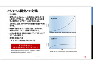 アジャイル開発との対比
• XPの場合
• 変更コストはプロジェクトの進行とともに上昇する
と考えられてきたが、一定の条件が満たされる場
合、変更コストはフラットに近いものになる。
• この時に、従来のソフトウェア開発の常識が大きく
変わる。
• 価値ある要求をいつでも取り込むことができて、
無駄のないソフトウェア開発が可能となる。
• 一定の条件とは、適切な技術とプログラミング・プ
ラクティスの組合せ
• 適切な技術の代表
• オブジェクト指向プログラミング
11
Extreme Programming Explained, EMBRACE CHANGE
Kent Beck, Addison Wesley, 2000より
FIGURE3. The cost of change may not rise dramatically over time
変化を抱擁せよ！
（変化を積極的に受け入れなさい） COST OF 
CHANGE
REQUIRMENTS ANALYSIS DESIGN IMPLEMENTATION TESTING PRODUCTION
変更コスト
COST OF 
CHANGE
TIME
変更コスト
Copyright 2016 Synergy Research Corporation, All rights reserved.
 