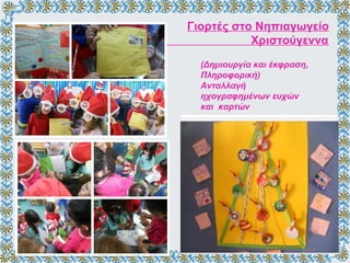 Γιορτές στο Νηπιαγωγείο
Χριστούγεννα
(Δημιουργία και έκφραση,
Πληροφορική)
Ανταλλαγή
ηχογραφημένων ευχών
και καρτών
 