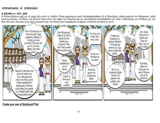 ΕΠΙΠΑΡΟΔΟΣ - Β΄ ΕΠΕΙΣΟΔΙΟ
Α ΣΚΗΝΗ στ. 576 - 658
Η Ελένη βγαίνει μαζί με το χορό έξω από το παλάτι. Είναι χαρούμενη γιατί πληροφορήθηκε ότι ο Μενέλαος ταλαιπωρείται στη θάλασσα, αλλά
είναι ζωντανός. Η Ελένη τον βλέπει πίσω από τον τάφο του Πρωτέα και με ένα διάλογο καταλαβαίνει ότι είναι ο Μενέλαος σε αντίθεση με τον
ίδιο που δεν πιστεύει πως έχει μπροστά του την Ελένη και ετοιμάζεται να φύγει. Η Ελένη λυπάται γι αυτό.
11
 