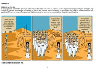 ΠΑΡΟΔΟΣ
ΚΟΜΜΟΣ στ.192-288
Ο Τεύκρος φεύγει και η Ελένη θρηνεί για το θάνατο του Μενελάου καλώντας τις Σειρήνες και την Περσεφόνη να τη συνοδέψουν στο θρήνο της.
Τότε έχεται ο Χορός, που άκουσε το μοιρολόι της Ελένης και ο Χορός συνδέει το θρήνο της με το δικό του. Η Ελένη καταθέτει ενώπιον του
χορού τις ειδήσεις που έφερε ο Τεύκρος και ο Χορός κάνοντας την ηχώ της τις επαναλαμβάνει ελαφρώς παραλλαγμένες.
5
 