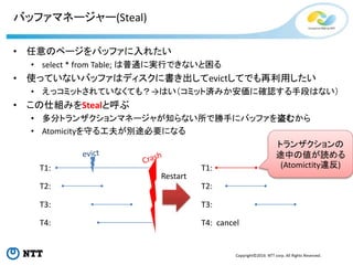 Copyright©2016 NTT corp. All Rights Reserved.
バッファマネージャー(Steal)
• 任意のページをバッファに入れたい
• select * from Table; は普通に実行できないと困る
• 使っていないバッファはディスクに書き出してevictしてでも再利用したい
• えっコミットされていなくても？→はい（コミット済みか安価に確認する手段はない）
• この仕組みをStealと呼ぶ
• 多分トランザクションマネージャが知らない所で勝手にバッファを盗むから
• Atomicityを守る工夫が別途必要になる
トランザクションの
途中の値が読める
(Atomictity違反)T1:
T2:
T3:
T4:
Restart
T1:
T2:
T3:
T4: cancel
 