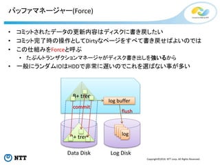 Copyright©2016 NTT corp. All Rights Reserved.
バッファマネージャー(Force)
• コミットされたデータの更新内容はディスクに書き戻したい
• コミット完了時の操作としてDirtyなページをすべて書き戻せばよいのでは
• この仕組みをForceと呼ぶ
• たぶんトランザクションマネージャがディスク書き出しを強いるから
• 一般にランダムIOはHDDで非常に遅いのでこれを選ばない事が多い
Log DiskData Disk
B+ tree
B+ tree
log buffer
log
flush
commit
 