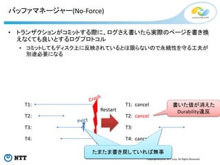 Copyright©2016 NTT corp. All Rights Reserved.
バッファマネージャー(No-Force)
• トランザクションがコミットする際に、ログさえ書いたら実際のページを書き換
えなくても良いとするログプロトコル
• コミットしてもディスク上に反映されているとは限らないので永続性を守る工夫が
別途必要になる
T1:
T2:
T3:
T4:
Restart
T1: cancel
T2: cancel
T3:
T4: cancel
書いた値が消えた
Durability違反
たまたま書き戻していれば無事
 