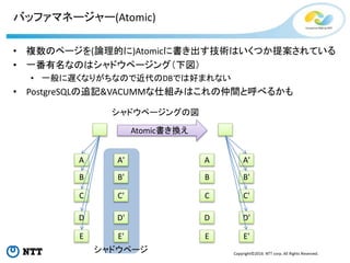 Copyright©2016 NTT corp. All Rights Reserved.
バッファマネージャー(Atomic)
• 複数のページを(論理的に)Atomicに書き出す技術はいくつか提案されている
• 一番有名なのはシャドウページング（下図）
• 一般に遅くなりがちなので近代のDBでは好まれない
• PostgreSQLの追記&VACUMMな仕組みはこれの仲間と呼べるかも
A
B
C
D
E
A'
B'
C'
D'
E'
A
B
C
D
E
A'
B'
C'
D'
E'
Atomic書き換え
シャドウページングの図
シャドウページ
 