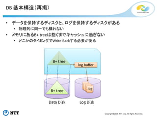 Copyright©2016 NTT corp. All Rights Reserved.
DB 基本構造（再掲）
• データを保持するディスクと、ログを保持するディスクがある
• 物理的に同一でも構わない
• メモリにあるB+ treeは飽くまでキャッシュに過ぎない
• どこかのタイミングでWrite Backする必要がある
Log DiskData Disk
B+ tree
B+ tree
log buffer
log
 