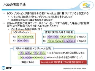 Copyright©2016 NTT corp. All Rights Reserved.
何らかの実行順(スケジュール空間)
直列に実行した場合の結果
ACIDの実現手法
• トランザクションが書く値はその前にReadした値に基づいていると仮定する
• つまり同じ値を読んだトランザクションは同じ値を書き込むはず
• 読む際はその前に書かれた値を読むはず
• 何らかの直列な順序でトランザクションを一つずつ処理した場合と同じ結果
が生成できればそれで良いんじゃなかろうか？
• これをHistoryの直列等価と言う
r r w r w w cT1:
r w r w cT2:
r r w r w w cSa: r w r w c
r r w r w w cSb: r w r w c
r r w r w w cr w r w c
トランザクション
→ResultA
→ResultB
←たまたまResultAと同じ結果になった
r r w r w w cr w r w c ←ResultAともBとも違う結果になった
…（無数にある） ResultAかBと同じ結果になる順序を作りたい
 