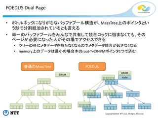 Copyright©2016 NTT corp. All Rights Reserved.
FOEDUS Dual Page
• ボトルネックになりがちなバッファプール構造が、MassTree上のポインタとい
う形で分割統治されているとも言える
• 単一のバッファプールをみんなで共有して競合ロックに悩まなくても、その
ページが必要になった人がその場でアクセスできる
• ツリーの外にメタデータを持たなくなるのでメタデータ競合が起きなくなる
• memory上のデータは最小の場合木のrootへのNVMポインタ1つで済む
普通のMassTree FOEDUS
DRAM
NVM
DRAM
 