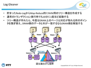 Copyright©2016 NTT corp. All Rights Reserved.
Log Gleaner
• 貯まったRedo-LogからMap-Reduce的にNVM用のツリー構造を作成する
• 通常のトランザクション実行時でも10分に1度ほど起動する
• ツリー構造が作れたら、今度はDRAM上のページと対応が取れる所のポイン
タを繋ぎ替え、DRAM側のデータと木が一致するならDRAM側を解放する
図は論文から抜粋
 