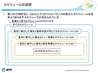 Copyright©2016 NTT corp. All Rights Reserved.
スケジュールの空間
• 長いので端折ると、VSR以上でリカバリとバランスの取れたスケジュールを効
率よく切り出すスケジューラが求められている
• 結論から言うと2Phase LockとかMVCCとか
全てのスケジュール
直列に実行した場合と最終状態が同じになるスケジュール（FSR）
直列に実行した場合とビュー等価なスケジュール（VSR）
直列に実行した場合と競合等価なスケジュール（CSR）
2PLが作るスケジュール
 
