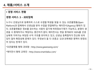 - 14 -
4. 제품/서비스 소개
§ 경쟁 서비스 현황
경쟁 서비스 3 - 과외업체
누구나 선생님으로 등록하여 스스로 수업할 학생을 찾을 수 있는 오픈플랫폼(Open
Platform)과 업체에서 선생님을 받아 수업을 연결해주는 에이전시(Agency) 형태가 있
다. 오픈플랫폼은 정보를 검수하는 사람이 없기에 허위정보기재가 가능하고, 분쟁이 생
겼을 시 중재하거나 책임지는 중간자가 없다. 에이전시는 첫달 중개료의 100%를 선생
님에게 가져가는 부당한 수익 구조를 유지하고 있고, 선생님 등록절차가 전산화 되어
있지 않아 확장성에 문제가 있다. 무엇보다 둘 다 초중교 ‘교과’과목에만 영역이 한정되
어 있다는 한계가 있다.
*오픈플랫폼 형태 과외왕 : http://www.gawewang.com/
*에이전시 형태 교육인 : http://www.smartdalus.com/
 