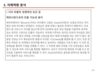 - 21 -
5. 자체역량 분석
§ 기타 차별적 경쟁력의 요인 등
해외시장으로의 진출 가능성 용이
에어비앤비의 ‘방(room)’이라는 아이템이 그렇듯, TeachU(티츄)의 ‘선생님’이라는 아이
템은 세계 어디에나 존재한다. 선생님은 생애 언제나 필요한 존재이기 때문이다. 국내
에서 본 서비스가 자리를 잡는다면 먼저 SKYPE와 같은 화상 채널을 이용하여 외국에
있는 한국인 시장으로 진출이 가능하다. 외국에 거주하는 한국인 부모의 자녀같은 경우,
한국어, 수학 등의 과목을 가르쳐줄 선생님을 찾지 못해 어려움을 겪는 경우가 많다. 충
분한 선생님 수가 확보된다면 충분이 이러한 니즈(needs)를 해결해 줄 수 있다. 또한 한
류의 여파로 전 세계에서 한국어를 배우고 싶어하는 사람들의 수요가 많다. 이 또한 화
상채널을 통하여 수업을 진행할 수 있다. 그 이후엔 해외 국적을 가진 선생님들도 등록
할 수 있도록 하여 서비스를 확장할 계획이다. 규모가 커진다면 해외에 지사를 두고 현
지인을 고용하여 서비스를 확장할 수 있다. TeachU(티츄)는 글로벌 영역으로 발전할 여
지가 충분히 있는 서비스이다.
 