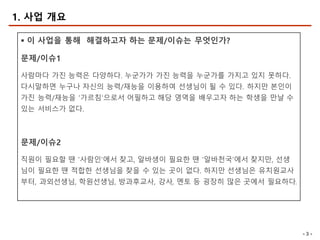 - 3 -
1. 사업 개요
§ 이 사업을 통해 해결하고자 하는 문제/이슈는 무엇인가?
문제/이슈1
사람마다 가진 능력은 다양하다. 누군가가 가진 능력을 누군가를 가지고 있지 못하다.
다시말하면 누구나 자신의 능력/재능을 이용하여 선생님이 될 수 있다. 하지만 본인이
가진 능력/재능을 ‘가르침’으로서 어필하고 해당 영역을 배우고자 하는 학생을 만날 수
있는 서비스가 없다.
문제/이슈2
직원이 필요할 땐 ‘사람인’에서 찾고, 알바생이 필요한 땐 ‘알바천국’에서 찾지만, 선생
님이 필요한 땐 적합한 선생님을 찾을 수 있는 곳이 없다. 하지만 선생님은 유치원교사
부터, 과외선생님, 학원선생님, 방과후교사, 강사, 멘토 등 굉장히 많은 곳에서 필요하다.
 