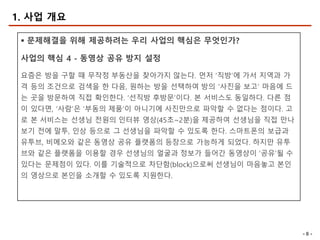 - 8 -
§ 문제해결을 위해 제공하려는 우리 사업의 핵심은 무엇인가?
사업의 핵심 4 - 동영상 공유 방지 설정
요즘은 방을 구할 때 무작정 부동산을 찾아가지 않는다. 먼저 ‘직방’에 가서 지역과 가
격 등의 조건으로 검색을 한 다음, 원하는 방을 선택하여 방의 ‘사진을 보고’ 마음에 드
는 곳을 방문하여 직접 확인한다. ‘선직방 후방문’이다. 본 서비스도 동일하다. 다른 점
이 있다면, ‘사람’은 ‘부동의 제품’이 아니기에 사진만으로 파악할 수 없다는 점이다. 고
로 본 서비스는 선생님 전원의 인터뷰 영상(45초~2분)을 제공하여 선생님을 직접 만나
보기 전에 말투, 인상 등으로 그 선생님을 파악할 수 있도록 한다. 스마트폰의 보급과
유투브, 비메오와 같은 동영상 공유 플랫폼의 등장으로 가능하게 되었다. 하지만 유투
브와 같은 플랫폼을 이용할 경우 선생님의 얼굴과 정보가 들어간 동영상이 ‘공유’될 수
있다는 문제점이 있다. 이를 기술적으로 차단함(block)으로써 선생님이 마음놓고 본인
의 영상으로 본인을 소개할 수 있도록 지원한다.
1. 사업 개요
 