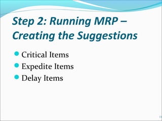 Step 2: Running MRP –
Creating the Suggestions
Critical Items
Expedite Items
Delay Items
11
 